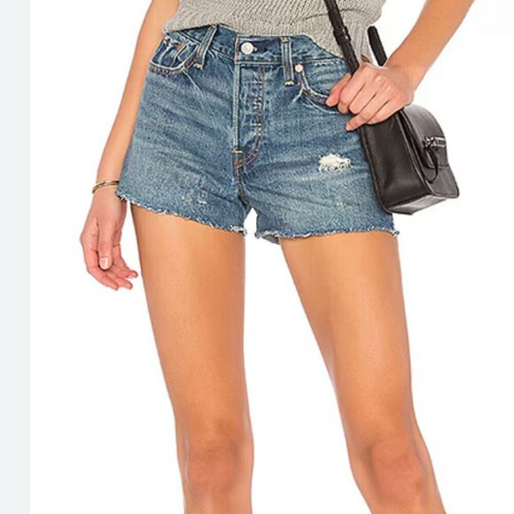 Levi's High Rise‎ Button Fly Wedgie Shorts Distressed Raw Hem Mid Wash Cheeky 28 - Picture 1 of 12